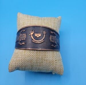 Vintage Copper Cuff Bracelet with Buffalo Dancer and Rainbow Yei Design 6.5